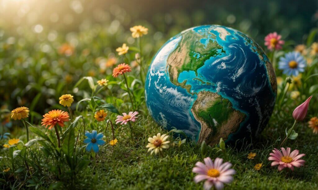 Eine Weltkugel liegt auf einer Blumenwiese und steht sinnbildlich für die Planetary Health Charta 2030.