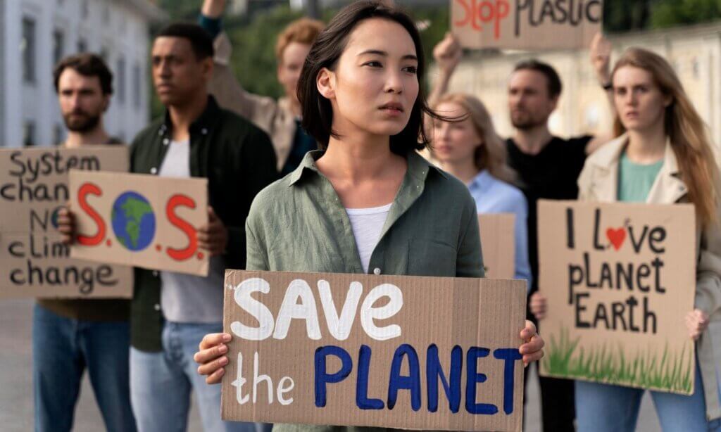 Menschen fordern mit Pappschildern in der Hand die Rettung des Planeten.