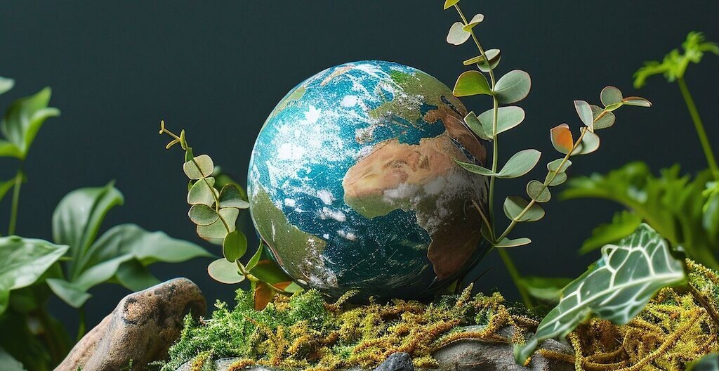 Eine Weltkugel liegt inmitten von Grünpflanzen – ein KI-Bild das sinnbildlich für Planetary Health steht.
