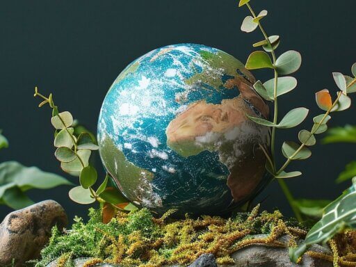 Eine Weltkugel liegt inmitten von Grünpflanzen – ein KI-Bild das sinnbildlich für Planetary Health steht.