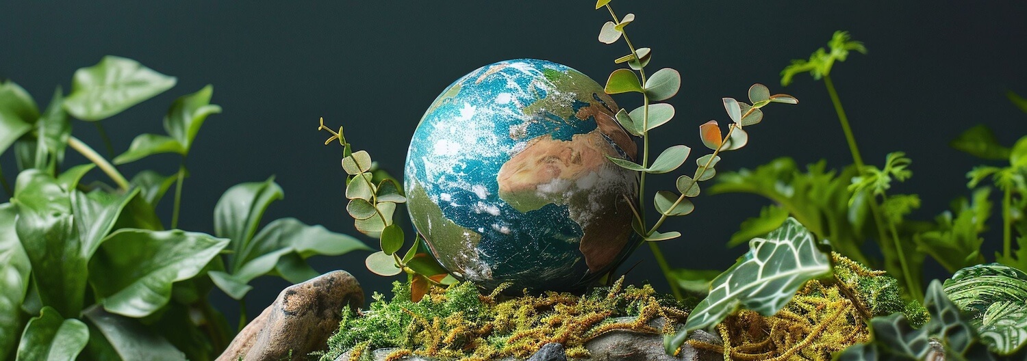 Eine Weltkugel liegt inmitten von Grünpflanzen – ein KI-Bild das sinnbildlich für Planetary Health steht.