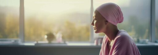 Eine Frau, die gerade eine Krebstherapie bekommt, sitzt in einem Rehazentrum.