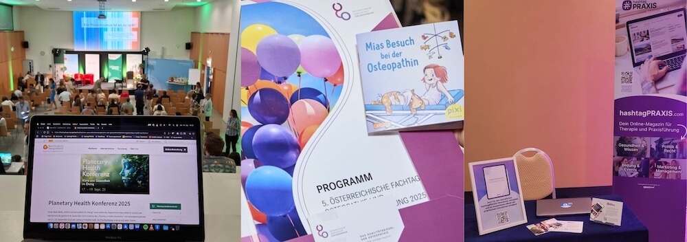 Fotos von der Planetary Health Konferenz, der Fachtagung der OEGO und dem Stand von hashtagPRAXIS auf der Fachtagung der Ergotherapie Austria.