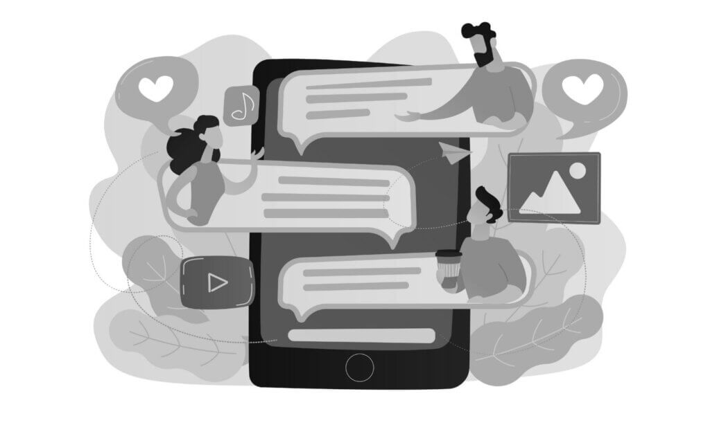 Grafik von Personen, die sich gegenseitig Messenger-Nachrichten schreiben.