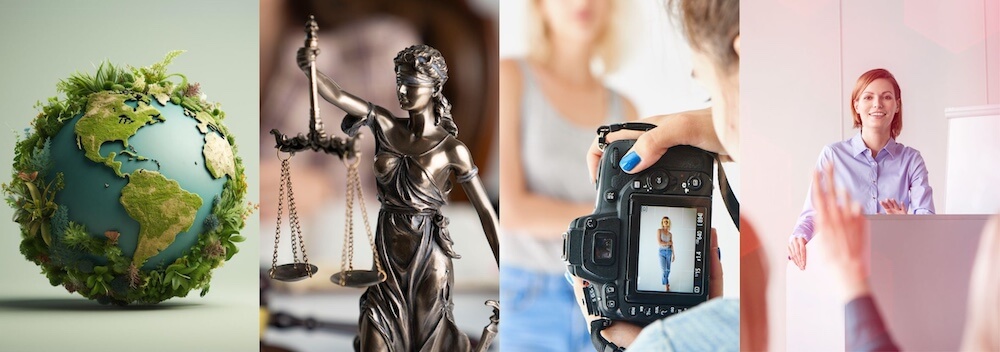 Vier Bilder stehen sinnbildlich für die vier Kategorien bei hashtagPRAXIS – Gesundheit & Wissen, Politik & Recht, Marketing & Management und Bildung & Events.