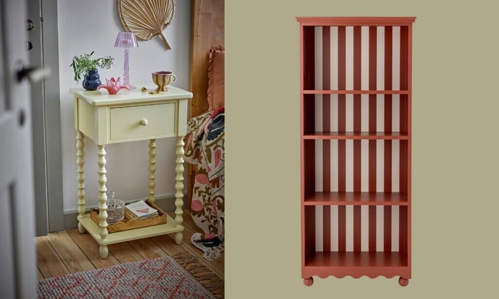 Hellgelber Beistelltisch und und rotes Regal von Bloomingville.