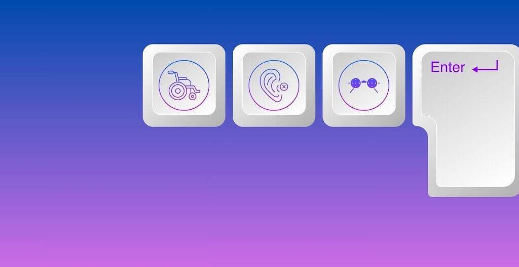 Auf drei Tasten einer Computertastatur sind die Symbole für körperliche Einschränkungen sowie Taubheit und Blindheit gedruckt. Daneben sieht man eine Enter-Taste. Ein Sinnbild für die Barrierefreiheit von Websites.
