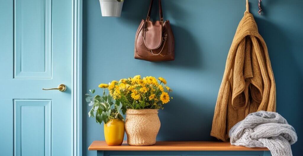 Ein Vorraum mit blauer Wand und gelben Details ist zu sehen und steht stellvertretend für den Stil Cottagecore.