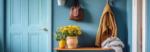 Ein Vorraum mit blauer Wand und gelben Details ist zu sehen und steht stellvertretend für den Stil Cottagecore.