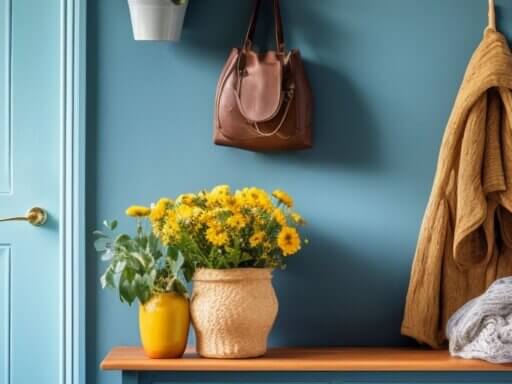 Ein Vorraum mit blauer Wand und gelben Details ist zu sehen und steht stellvertretend für den Stil Cottagecore.