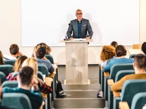Eine Gruppe TherapeutInnen blickt auf einen Vortragenden auf einem Podium.