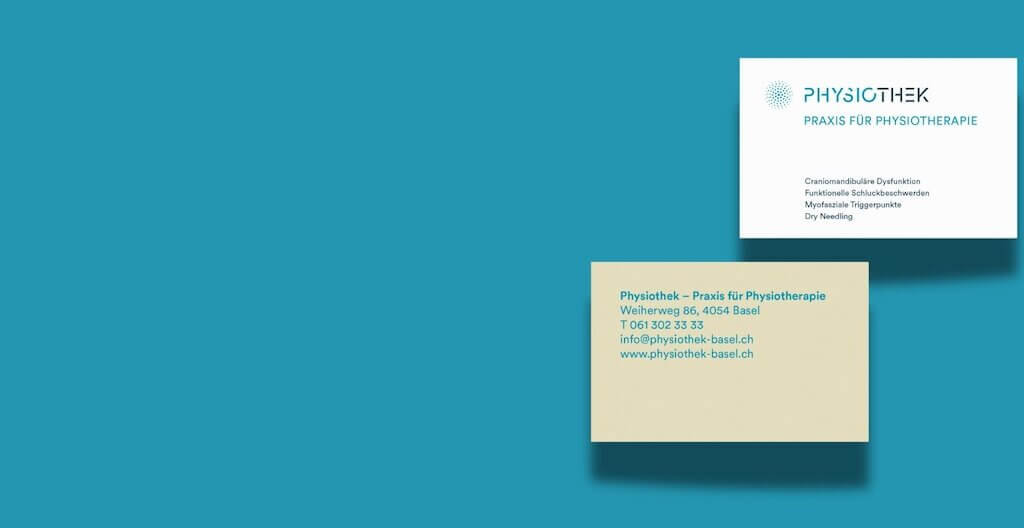 Die Visitenkarten der Physiothek im gekonnten Brand Design von Gian Besset.