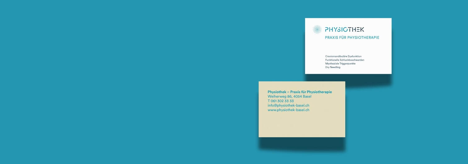 Die Visitenkarten der Physiothek im gekonnten Brand Design von Gian Besset.