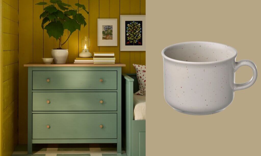 Hemnes Kommode in Grün mit drei Schubladen und beige Tasse von IKEA.
