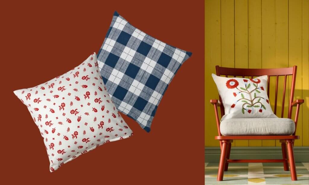 Kissen und roter Sessel von IKEA.