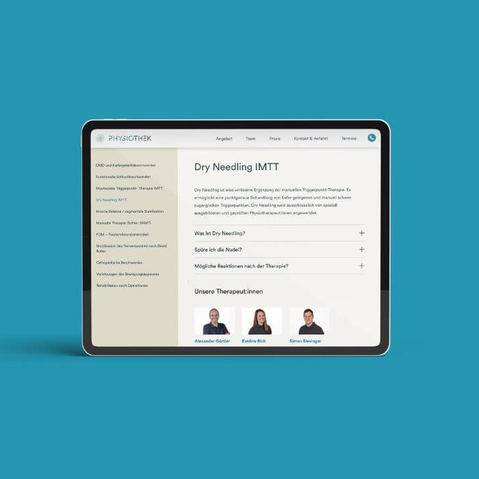 Eine Ansicht der in Gestaltung und Design um nichts nachstehenden Website der Physiothek.