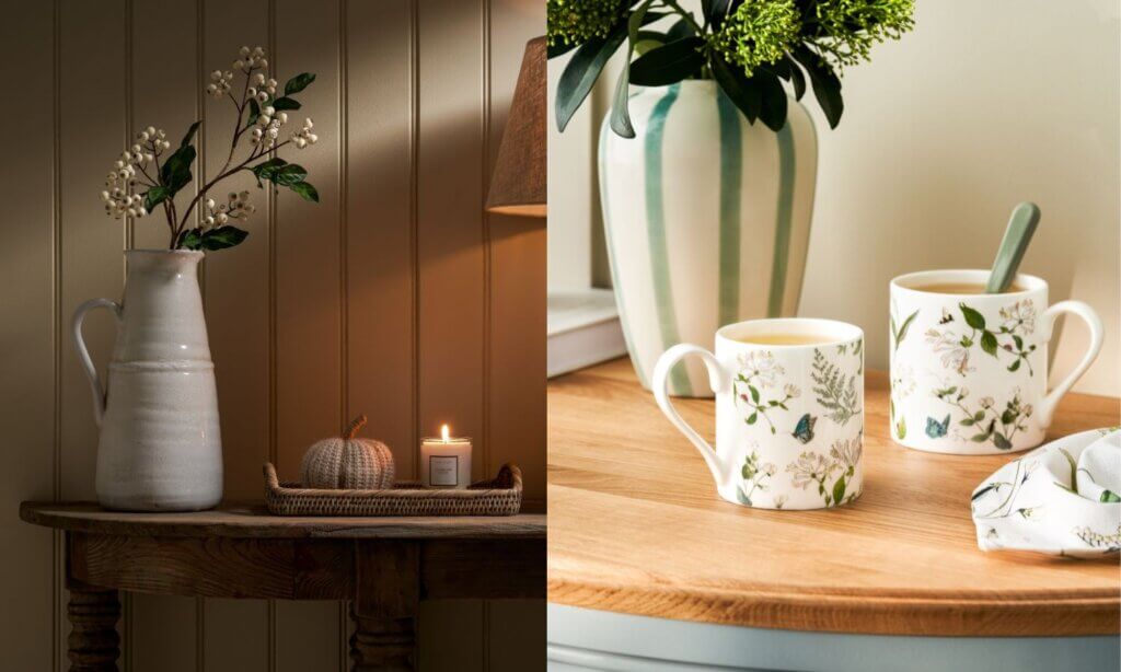 Keramikvase und Tassen mit Blumenmuster von Sophie Allport.