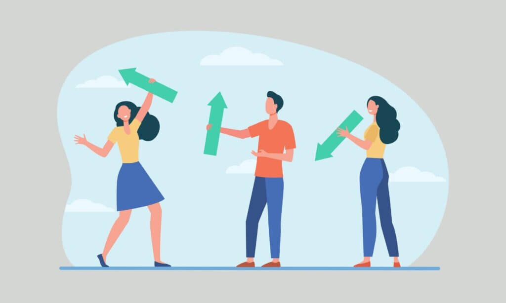 Illustration mit einer Gruppe Personen, die Pfeile in unterschiedliche Richtungen hält – der Ablauf des Webinars muss geplant werden.