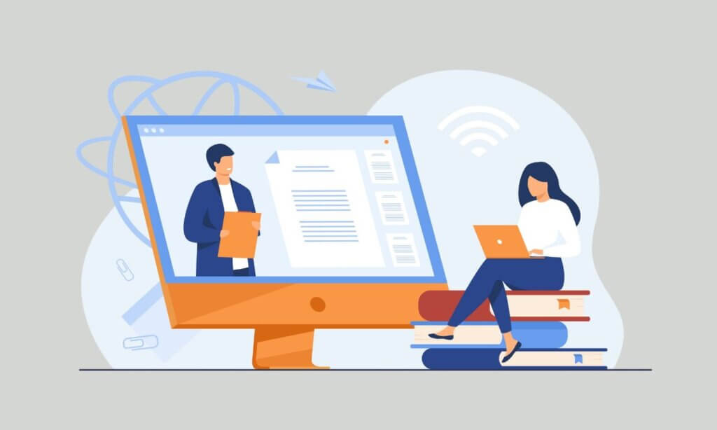 Illustration auf der ein Computerbildschirm zu sehen ist. Darauf spricht jemand einen Vortrag, während eine andere Person zuhört und Notizen macht – Sinnbild dafür, dass eine gute Technik für ein gelungenes Webinar wichtig ist.