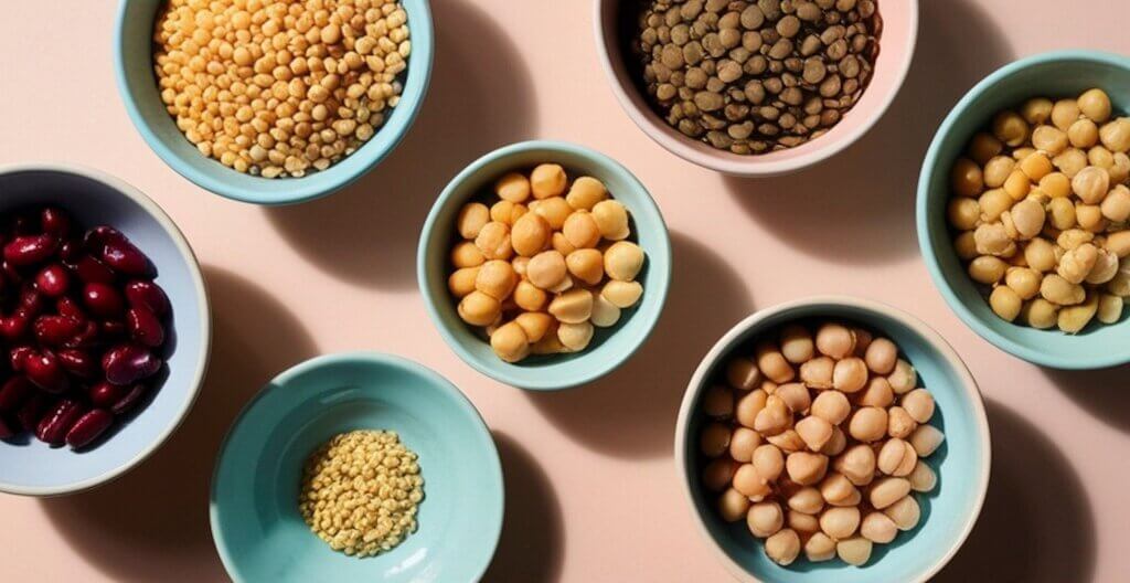 Diverse Hülsenfrüchte auf türkisfarbenen Tellern, zeigen die Vielfalt dieser ballast- und nährstoffreichen Samen.