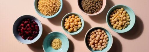 Diverse Hülsenfrüchte auf türkisfarbenen Tellern, zeigen die Vielfalt dieser ballast- und nährstoffreichen Samen.