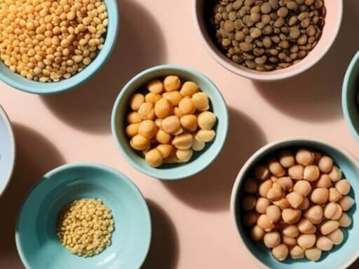 Diverse Hülsenfrüchte auf türkisfarbenen Tellern, zeigen die Vielfalt dieser ballast- und nährstoffreichen Samen.