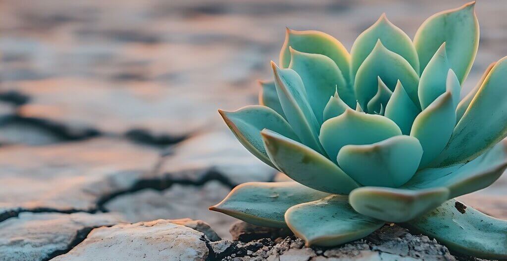Eine Sukkulente bahnt sich ihren Weg aus stark ausgetrocknetem Boden – ein Sinnbild für Resilienz und Widerstandfähigkeit.