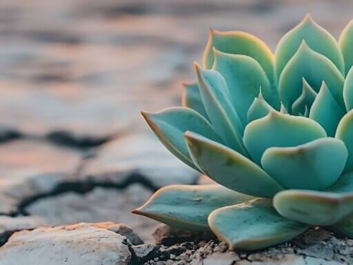 Eine Sukkulente bahnt sich ihren Weg aus stark ausgetrocknetem Boden – ein Sinnbild für Resilienz und Widerstandfähigkeit.