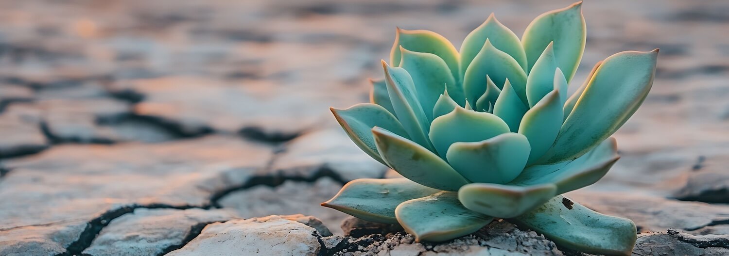 Eine Sukkulente bahnt sich ihren Weg aus stark ausgetrocknetem Boden – ein Sinnbild für Resilienz und Widerstandfähigkeit.