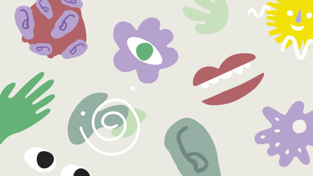 Ohren, Augen, Mund und Hände stehen für die umfangreiche Bandbreite der Therapie im Sprachraum.