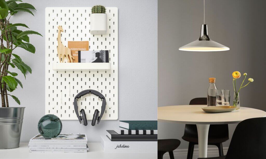 Die Lochplatte Skadis bringt dein Büro auf Vordermann und die Deckenleuchte Fyrtiofyra bringt Licht in jede Angelegenheit.