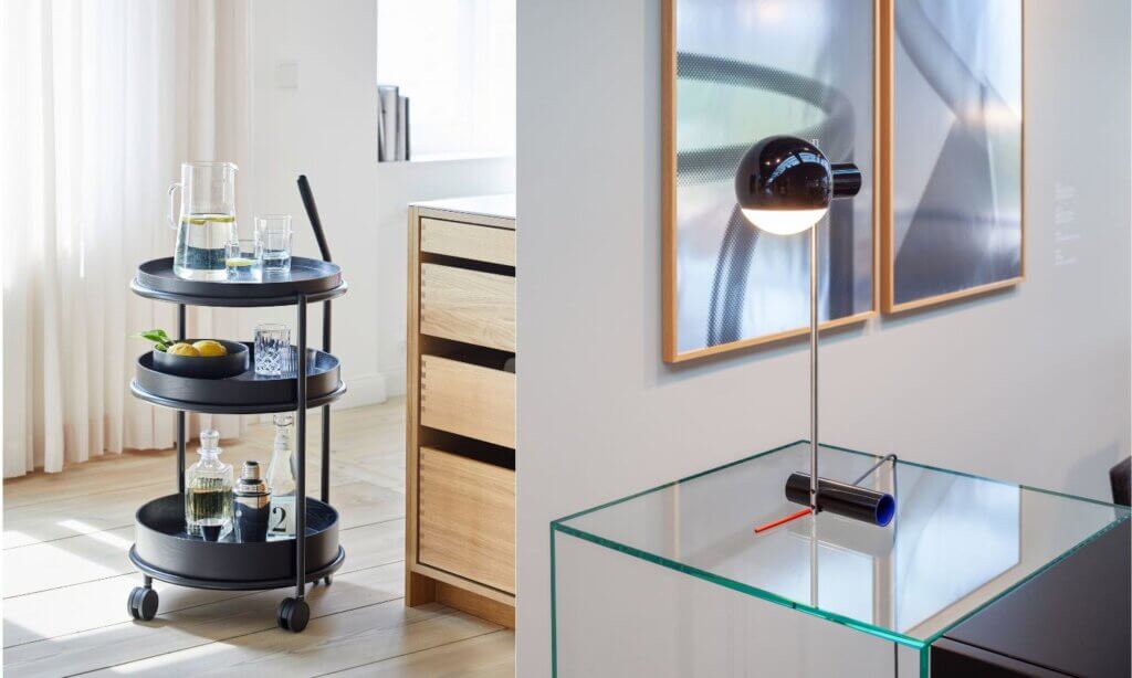 Der Tecta K6 lässt sich in der Praxis perfekt als fahrbarer Schrank einsetzen. Passend dazu die Tafellampe L25.