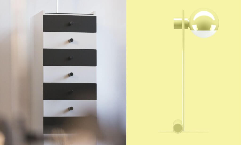 Die Kommode S43 und die Lampe L25N in angesagten Pastelltönen, peppen dein Praxisbüro auf.