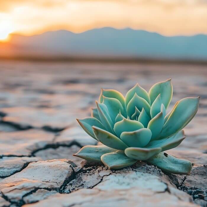 Eine Sukkulente wächst aus einem staubigen, trockenen Boden.