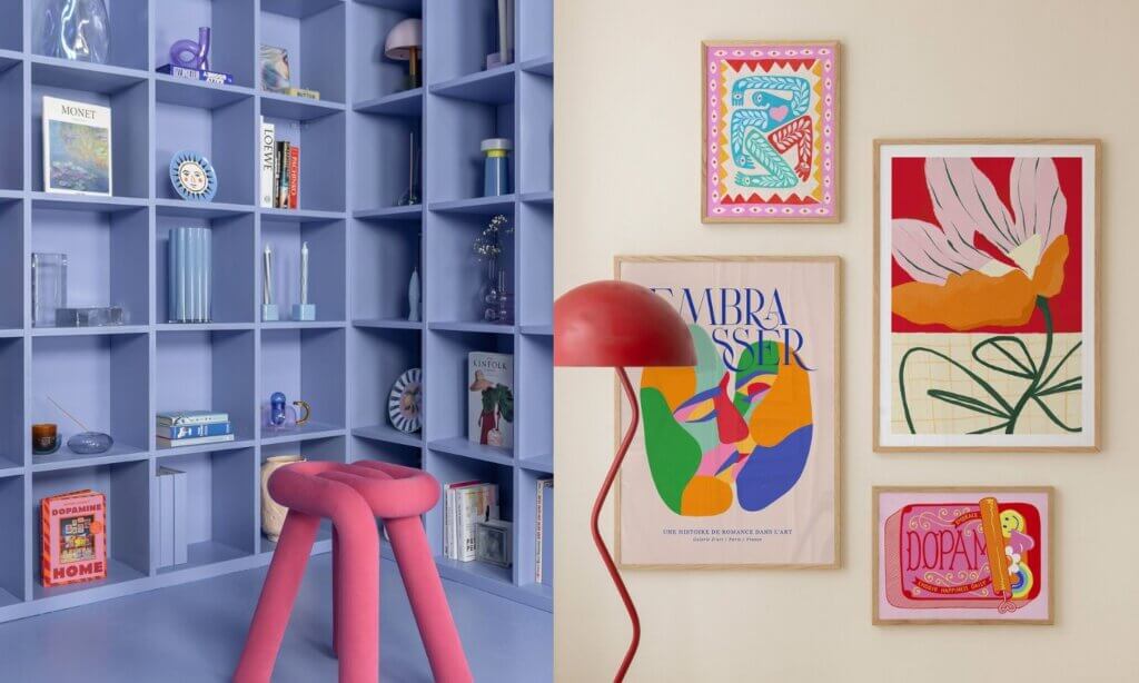 Farbe "Blau mit Seifenblasen" von Miss Pompadour und Bilder der Reihe "Dopamine Decor" von Desenio