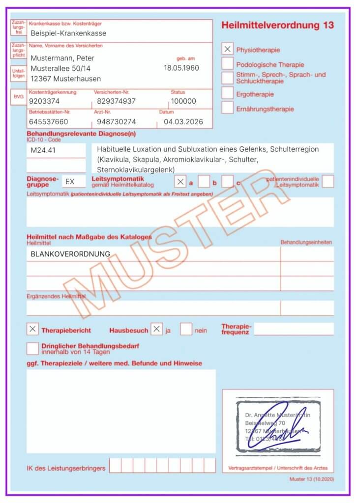Musterbeispiel einer ausgefüllten Heilmittelverordnung 13 im Bereich Physiotherapie, als Blankoverordnung.