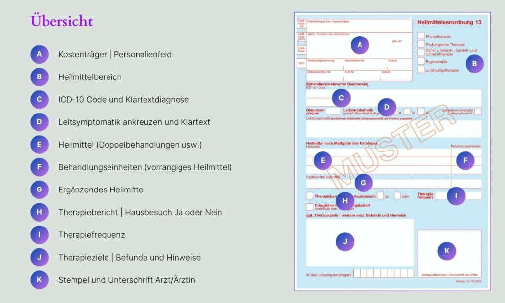 Erklräung der auszufüllenden Felder der Vorderseite der Heilmittelverordnung 13 in Deutschland.
