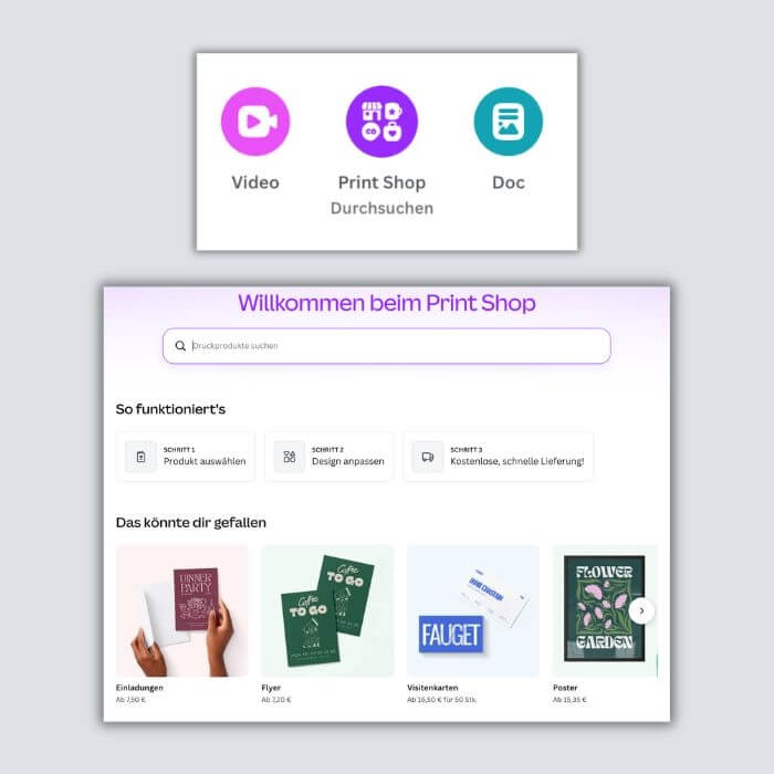 Screenshots aus dem Canva-Tutorial zur Erstellung von Flyern in Postkarten-Form. 