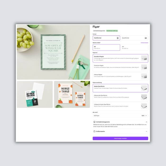 Screenshots aus dem Canva-Tutorial zur Erstellung von Flyern in Postkarten-Form.