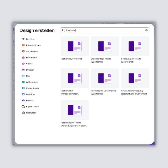 Screenshots aus dem Canva-Tutorial zur Erstellung von Flyern in Postkarten-Form.