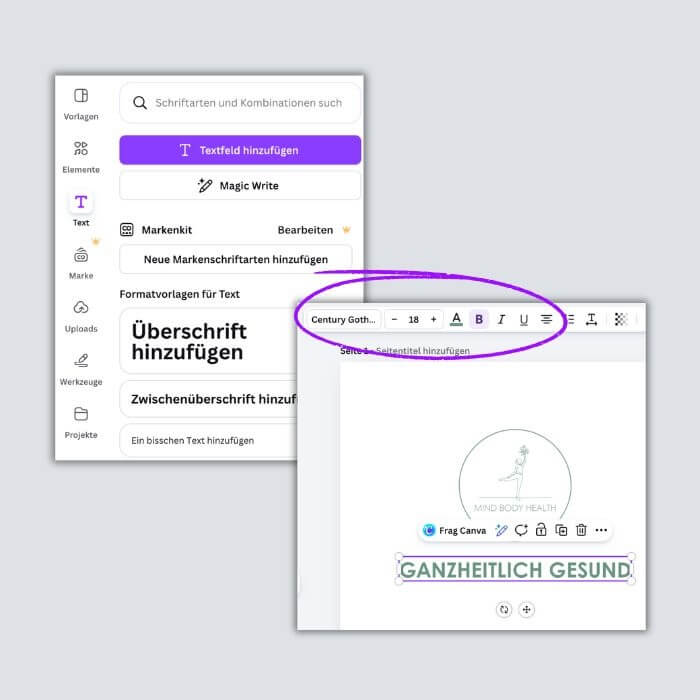 Screenshots aus dem Canva-Tutorial zur Erstellung von Flyern in Postkarten-Form.