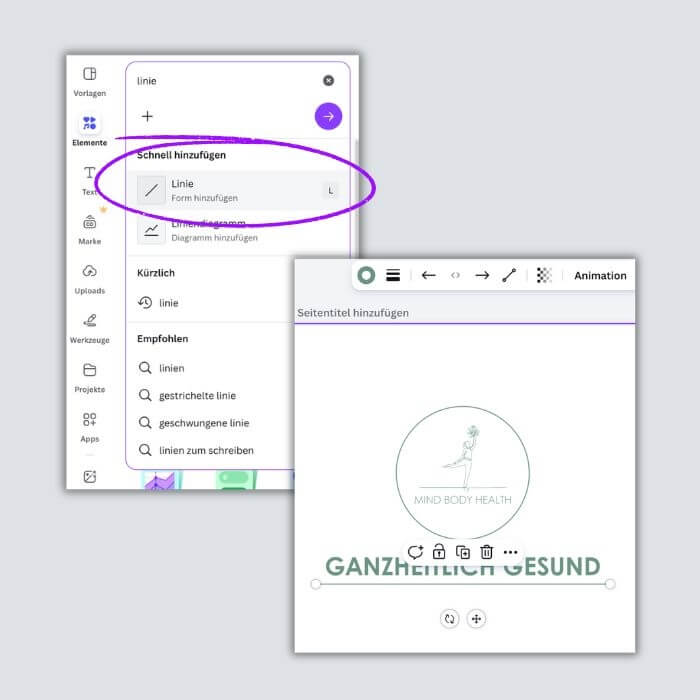 Screenshots aus dem Canva-Tutorial zur Erstellung von Flyern in Postkarten-Form.