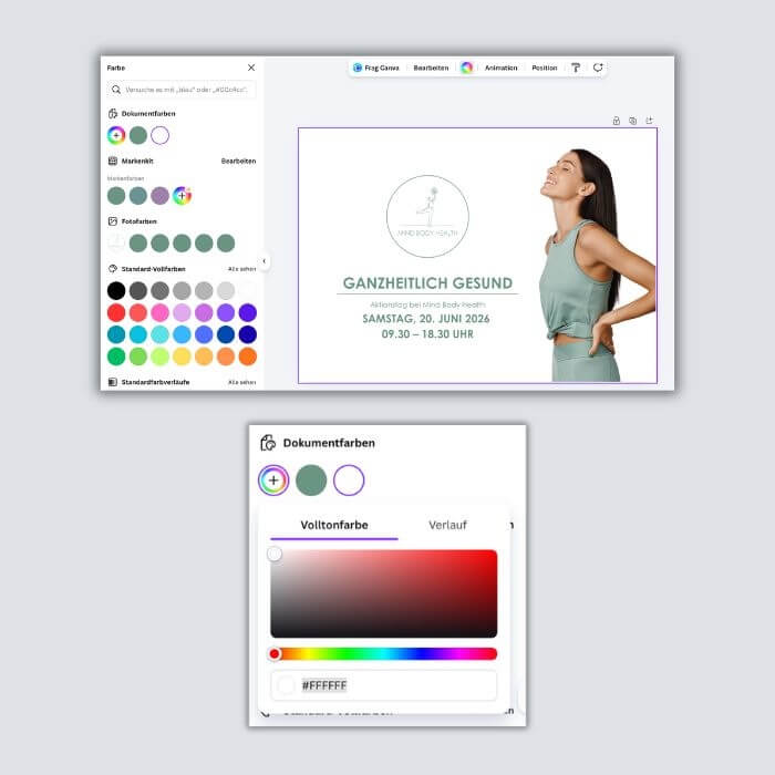 Screenshots aus dem Canva-Tutorial zur Erstellung von Flyern in Postkarten-Form.
