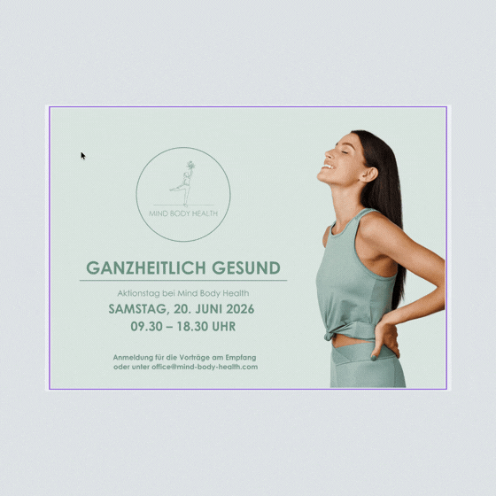 Screenshots aus dem Canva-Tutorial zur Erstellung von Flyern in Postkarten-Form.