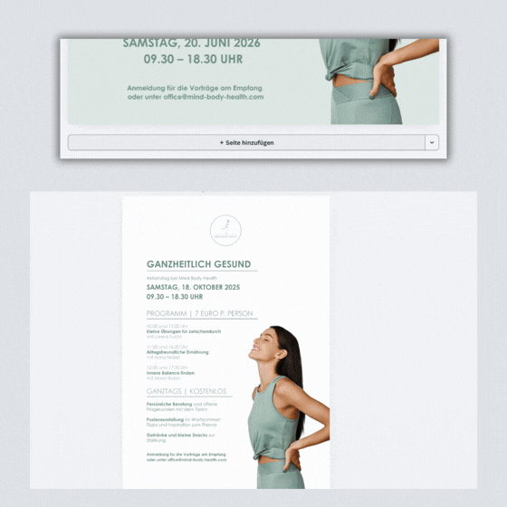 Screenshots aus dem Canva-Tutorial zur Erstellung von Flyern in Postkarten-Form.