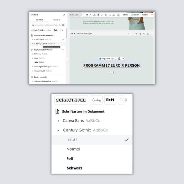 Screenshots aus dem Canva-Tutorial zur Erstellung von Flyern in Postkarten-Form.
