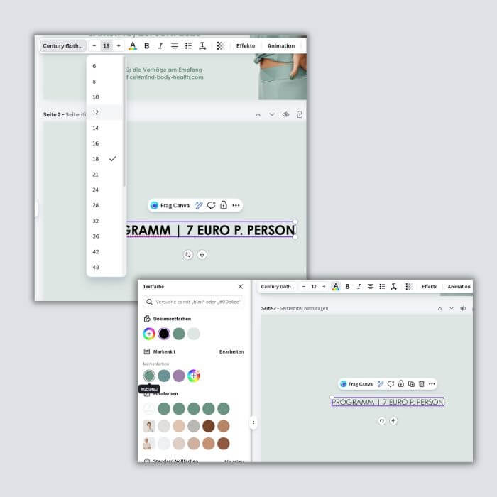 Screenshots aus dem Canva-Tutorial zur Erstellung von Flyern in Postkarten-Form.