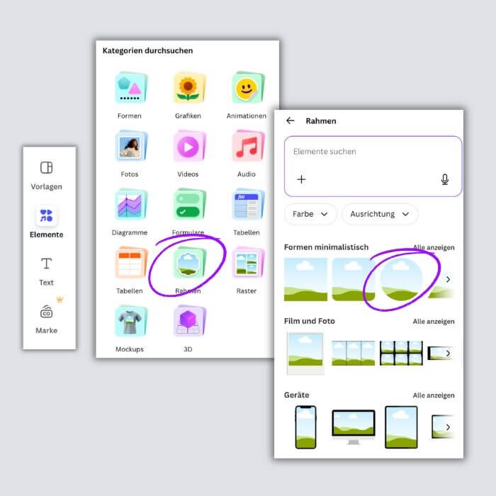 Screenshots aus dem Canva-Tutorial zur Erstellung von Flyern in Postkarten-Form.