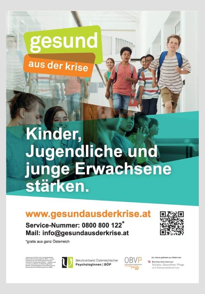 Seit April 2022 bietet das österreichische Projekt „Gesund aus der Krise" eine niederschwellige, kostenlose psychosoziale Versorgung für Kinder, Jugendliche und junge Erwachsene bis 21 Jahre. 