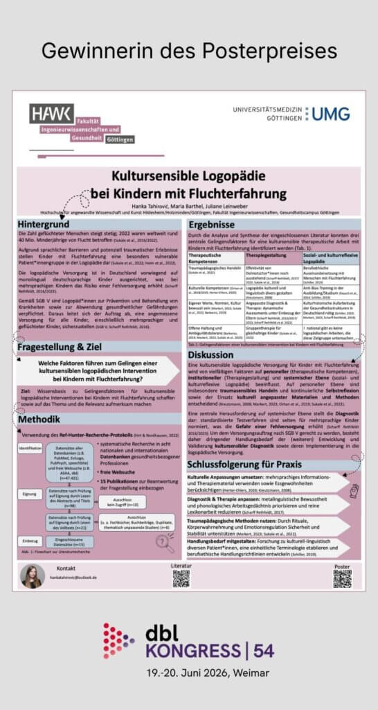 Den Posterpreis erhielt Hanka Tahirovic für ihr wissenschaftliches Poster „Kultursensible Logopädie bei Kindern mit Fluchterfahrung“.